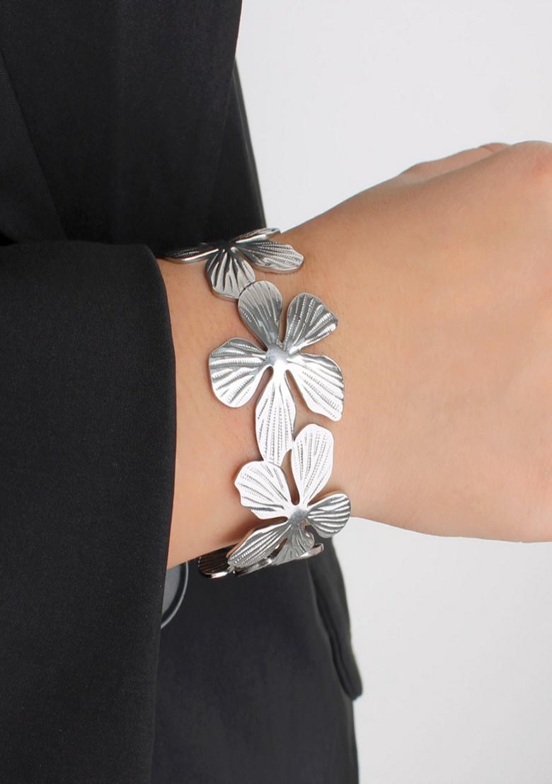 Silver Platedchunky Floral Cuff Bangle Bracelet