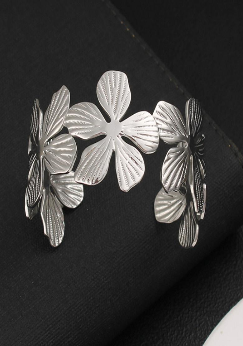Silver Platedchunky Floral Cuff Bangle Bracelet