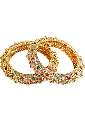 Gold Plated Pearl Red Green Stones Maharani Kada Set