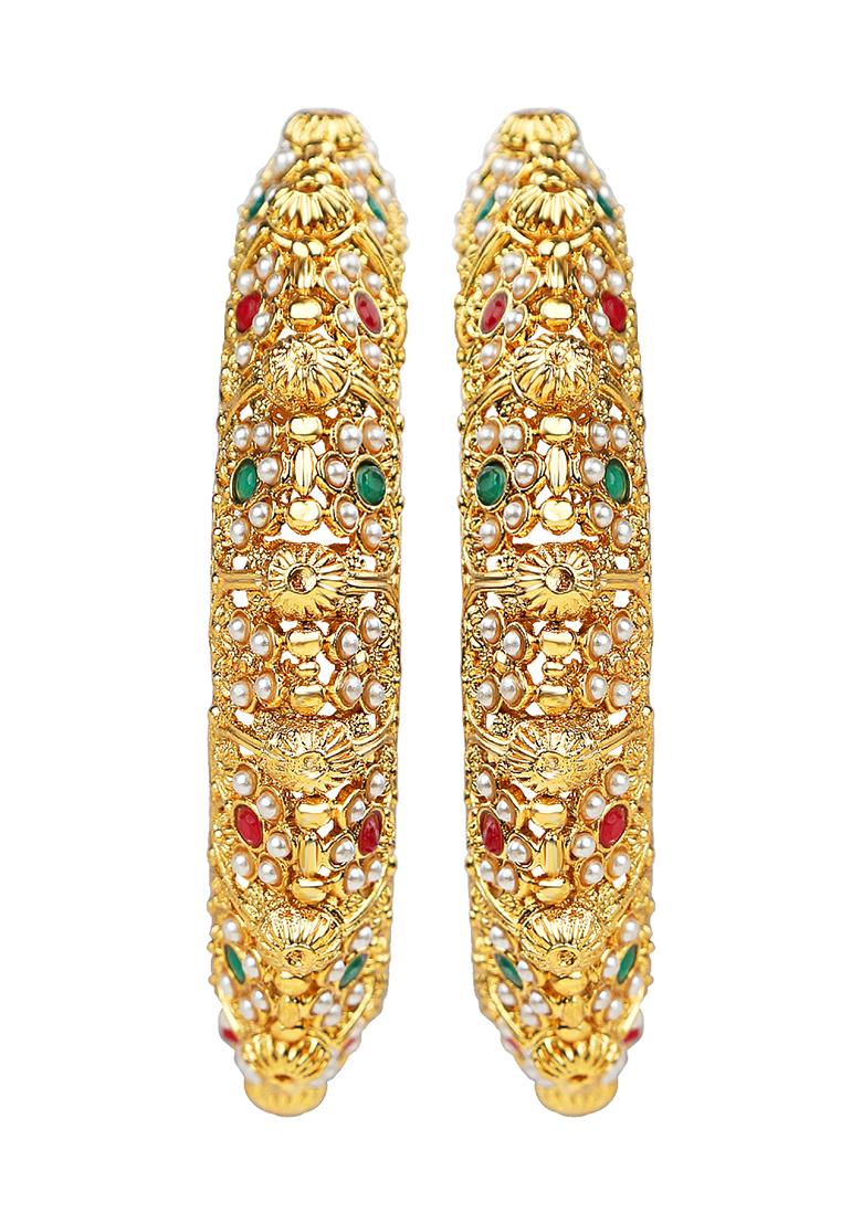 Gold Plated Pearl Red Green Stones Maharani Kada Set - Indya