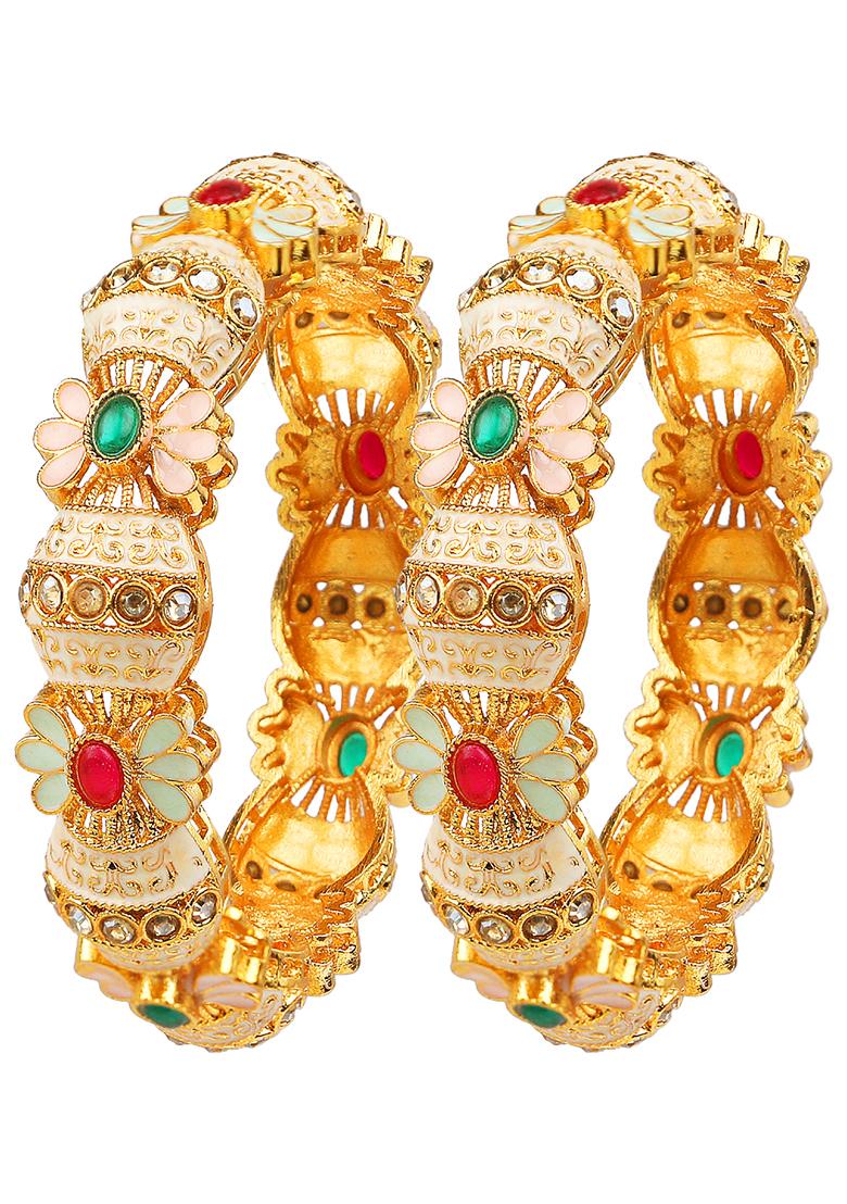 Gold Plated Pastel Pink And Blue Enamel Floral Bangles