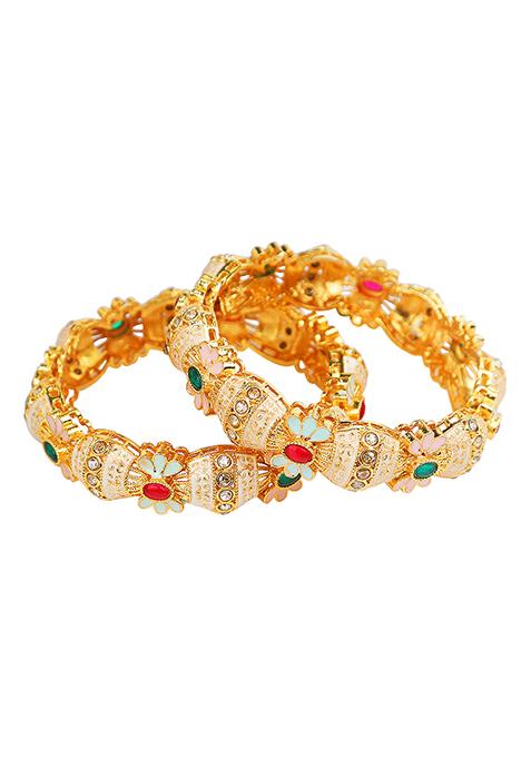 Gold Plated Pastel Pink And Blue Enamel Floral Bangles