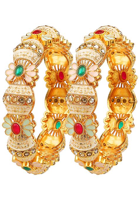 Gold Plated Pastel Pink And Blue Enamel Floral Bangles