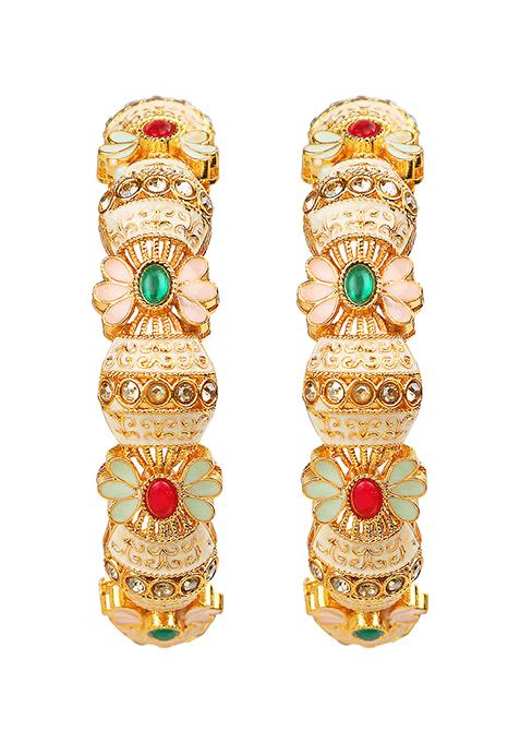 Gold Plated Pastel Pink And Blue Enamel Floral Bangles