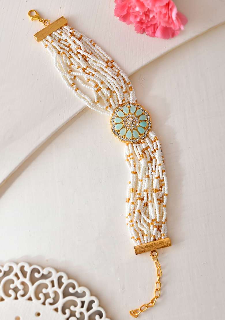 Gold Plated Green Flower Studded And Beaded Mutli Layer Bracelet - Indya
