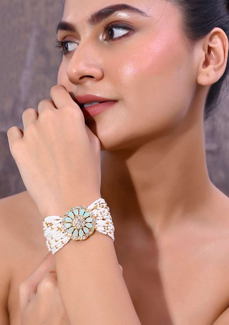 Gold Plated Green Flower Studded And Beaded Mutli Layer Bracelet - Indya