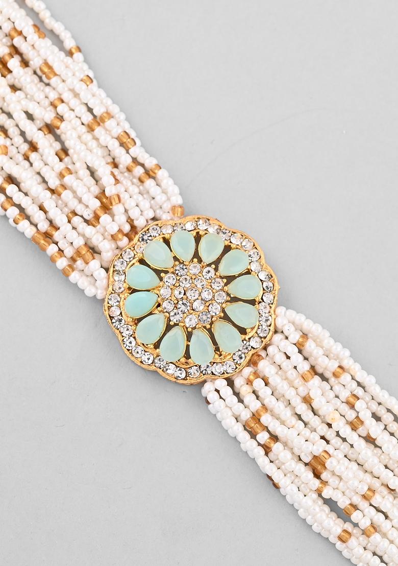 Gold Plated Green Flower Studded And Beaded Mutli Layer Bracelet