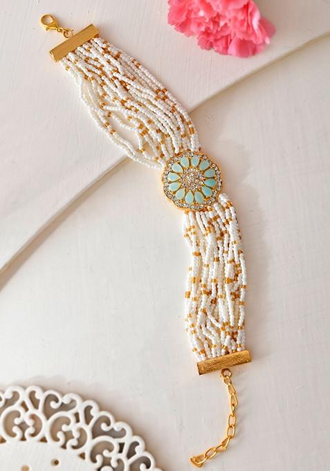 Gold Plated Green Flower Studded And Beaded Mutli Layer Bracelet