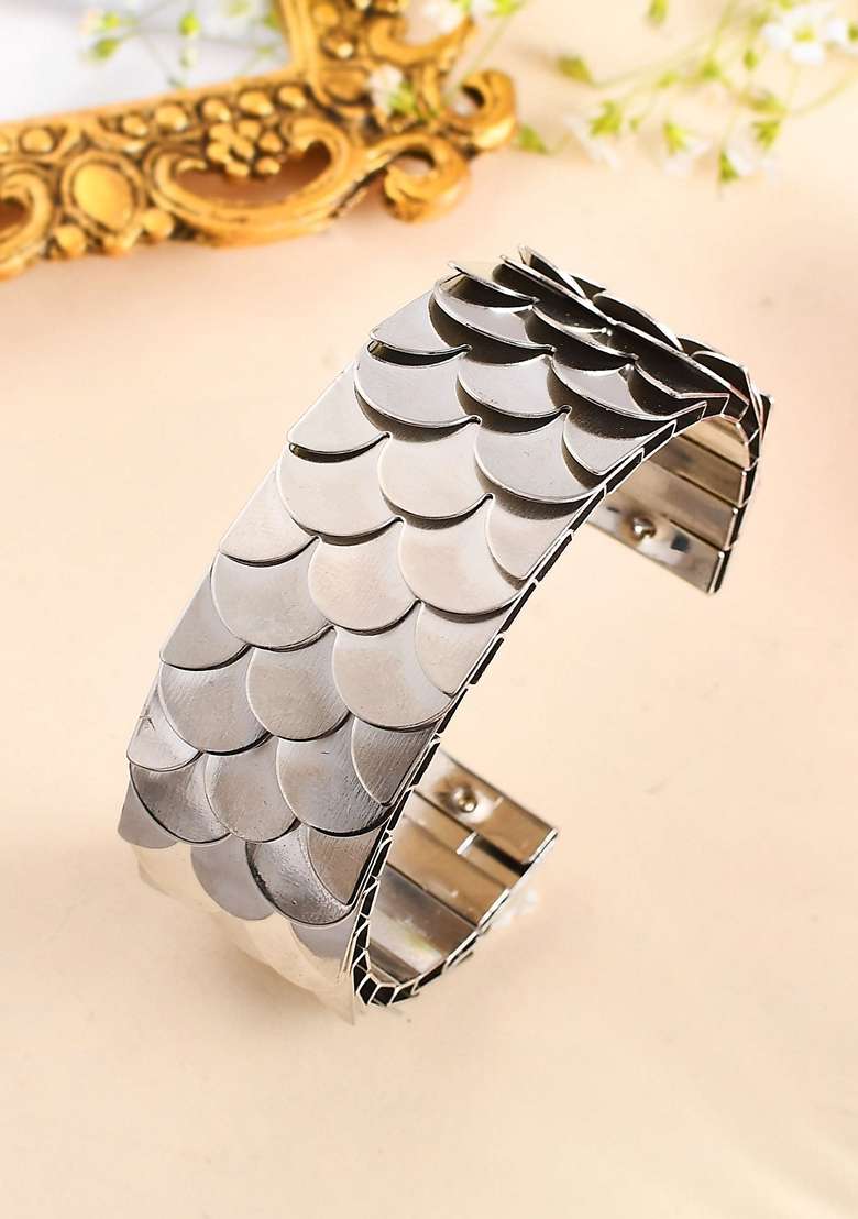 Silver Plated Oxidised Kada Bracelet Cum - Indya