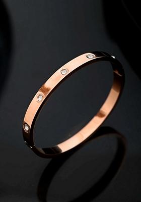 Rose Gold Rose Plated Kada Bracelet With Crystals
