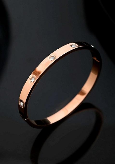 Rose Gold Rose Plated Kada Bracelet With Crystals