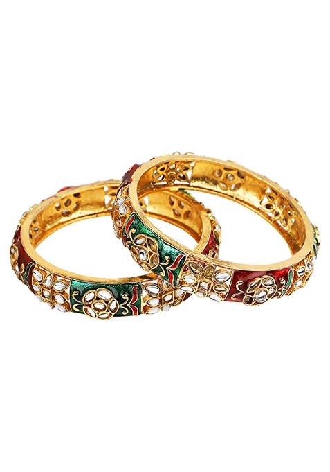 Gold Plated Red And Green Meenakari Floral Kundan Bangles