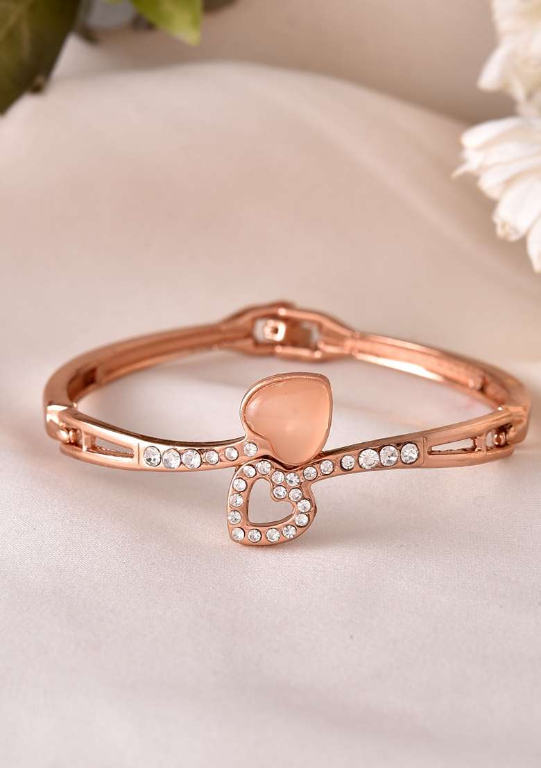 Gold Plated Heart Shaped Stone Studded Kada Bracelet - Indya