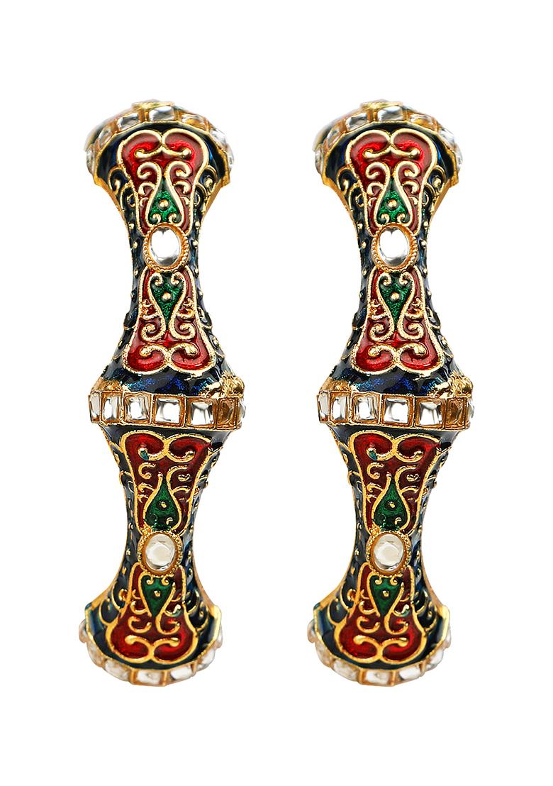 Gold Plated Hexagonal Kundan Meenakari Kada Bangles - Indya