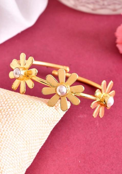 Gold Plated With 3 Flower And Pearl Kada Bracelet