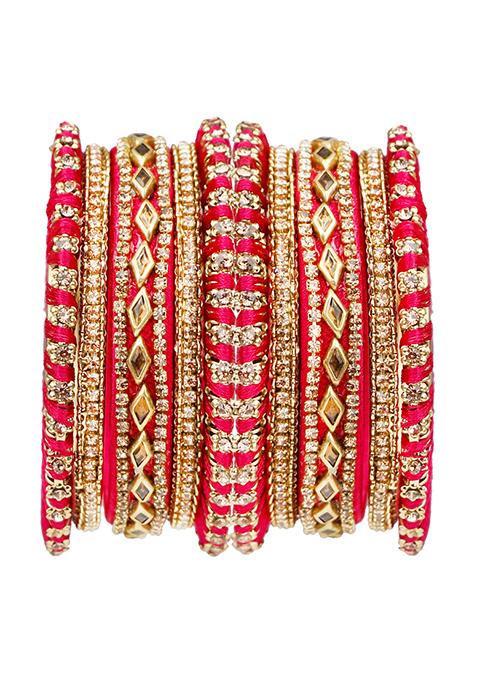 Gold Plated Chuda Bangles With Rani Thread Work