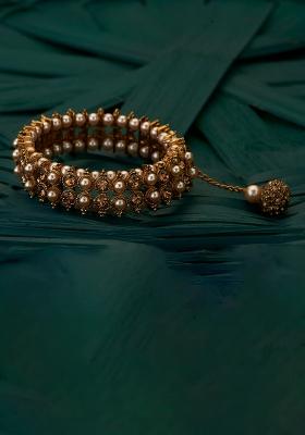 Golden White Pearl And Zircon Beads Kada Bracelet