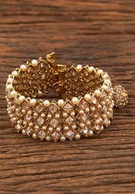 Golden White Pearl And Zircon Beads Kada Bracelet