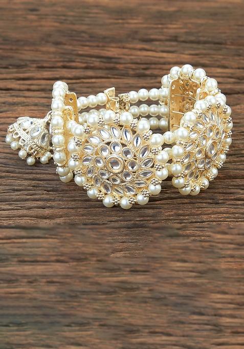 Golden White Pearl And Zircon Beads Kada Bracelet
