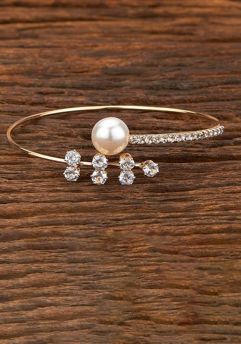 Golden White Pearl And Zircon Beads Kada Bracelet