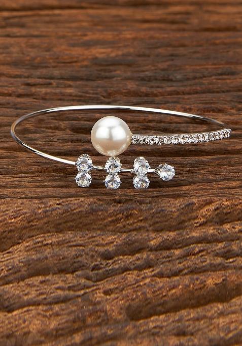 Golden White Pearl And Zircon Beads Kada Bracelet