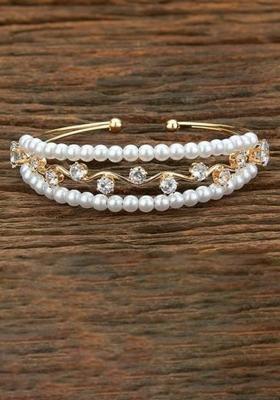 Golden White Pearl And Zircon Beads Kada Bracelet