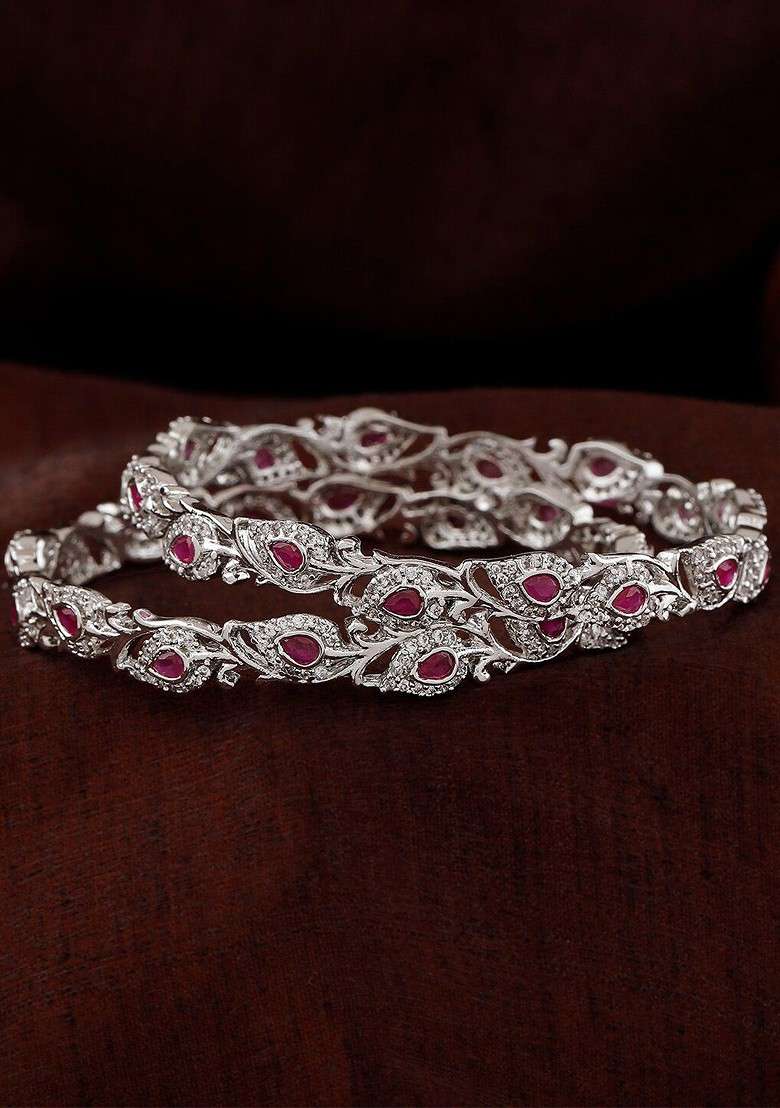 Silver Studded Rhodium Plated Bangles And Bracelets - Indya
