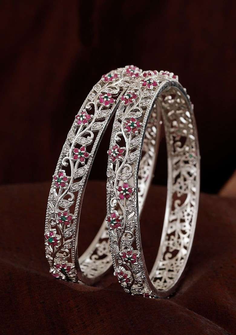 Silver Studded Rhodium Plated Bangles And Bracelets - Indya