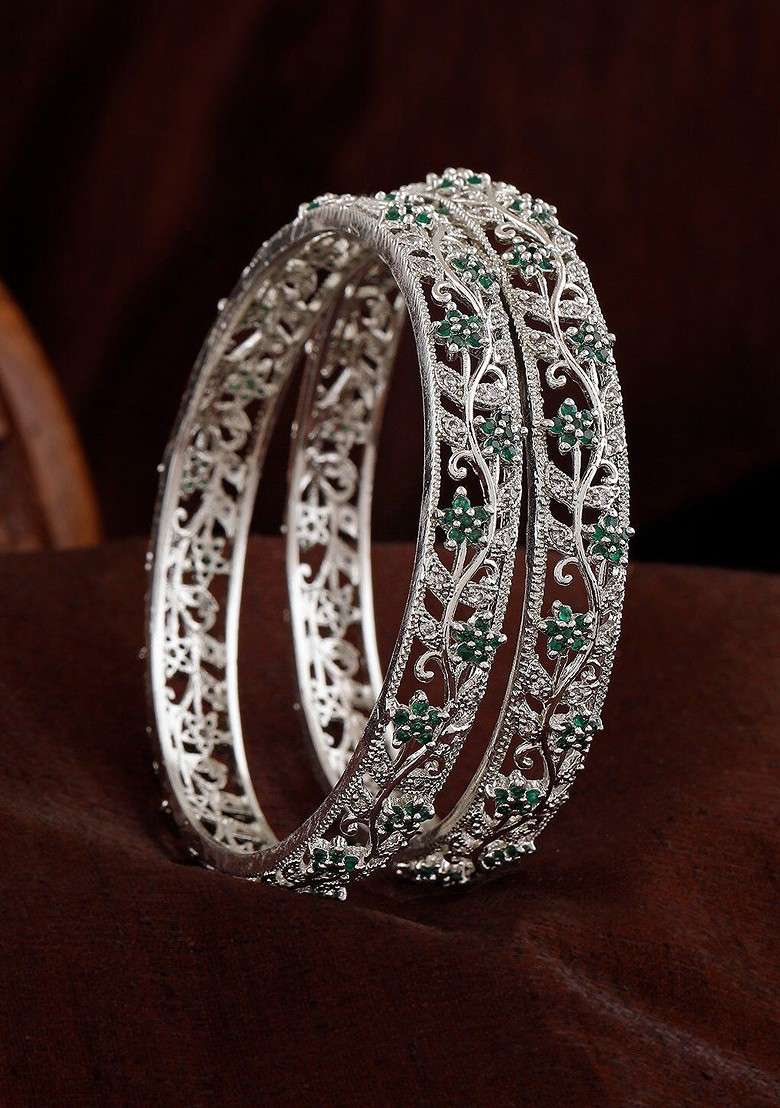 Silver Studded Rhodium Plated Bangles And Bracelets - Indya