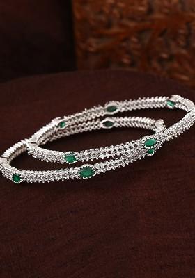 Green Studded Rhodium Plated Bangles And Bracelets