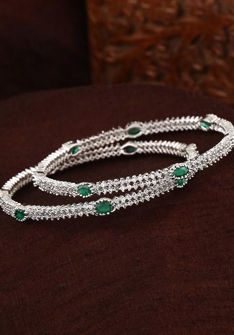 Green Studded Rhodium Plated Bangles And Bracelets