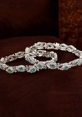 Green Studded Rhodium Plated Bangles And Bracelets