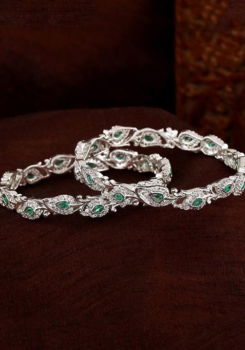 Green Studded Rhodium Plated Bangles And Bracelets