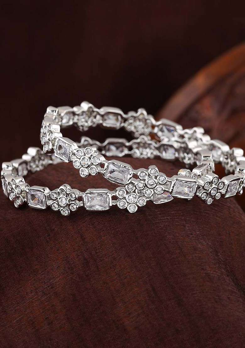 Silver Studded Rhodium Plated Bangles And Bracelets - Indya