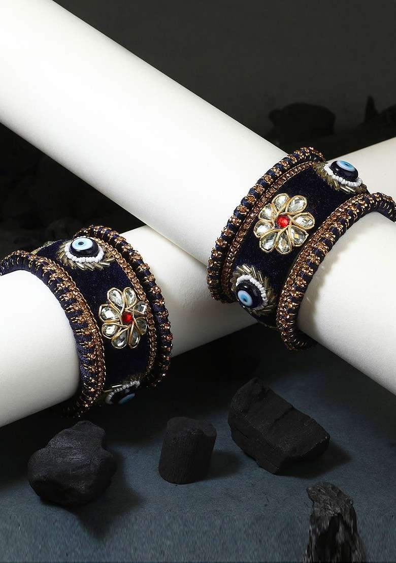 Navy Blue Kundan Silk Thread Gold Plated Bangle - Indya
