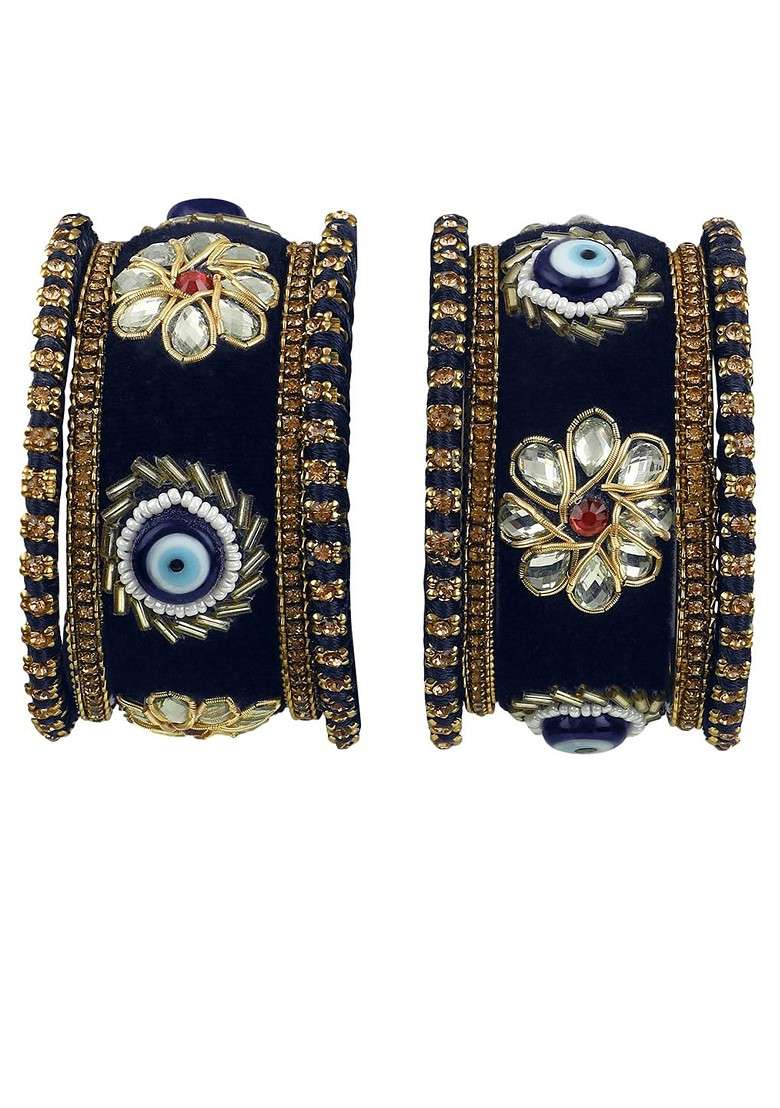 Navy Blue Kundan Silk Thread Gold Plated Bangle - Indya