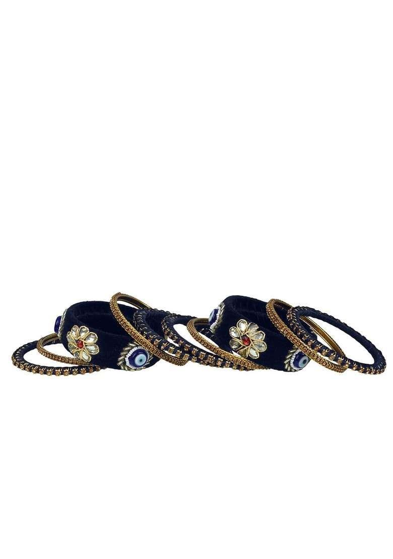 Navy Blue Kundan Silk Thread Gold Plated Bangle - Indya