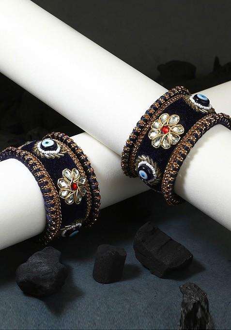 Navy Blue Kundan Silk Thread Gold Plated Bangle