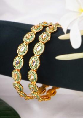 Gold Artificial Stones And Beads Gold Plated Bangles (Set Of 2)