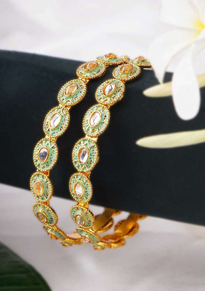 Gold Artificial Stones And Beads Gold Plated Bangles (Set Of 2) - Indya