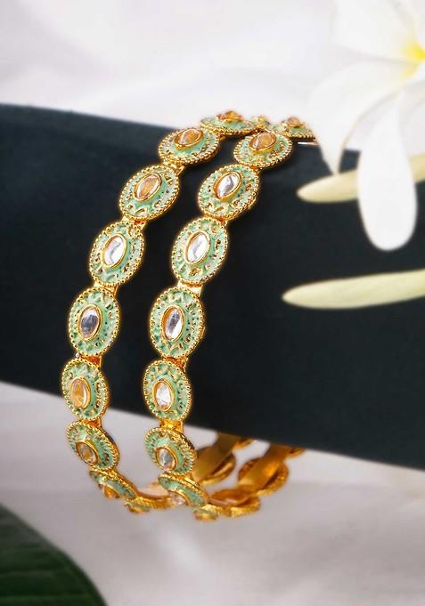 Gold Artificial Stones And Beads Gold Plated Bangles (Set Of 2)