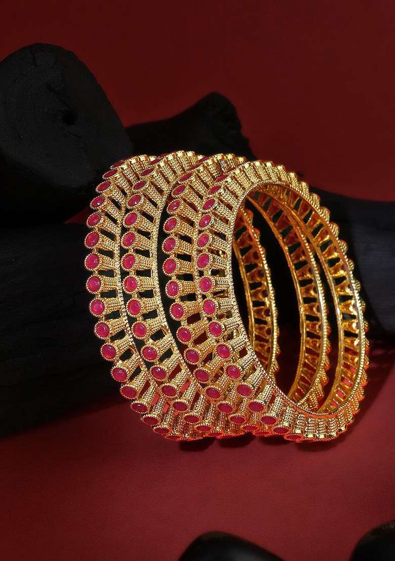 Pink Stone Studded  Gold Plated Bangles (Set Of 2) - Indya