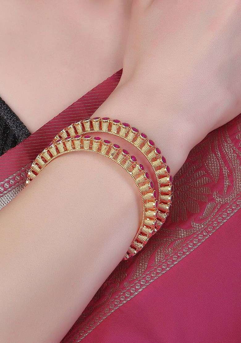 Pink Stone Studded  Gold Plated Bangles (Set Of 2) - Indya