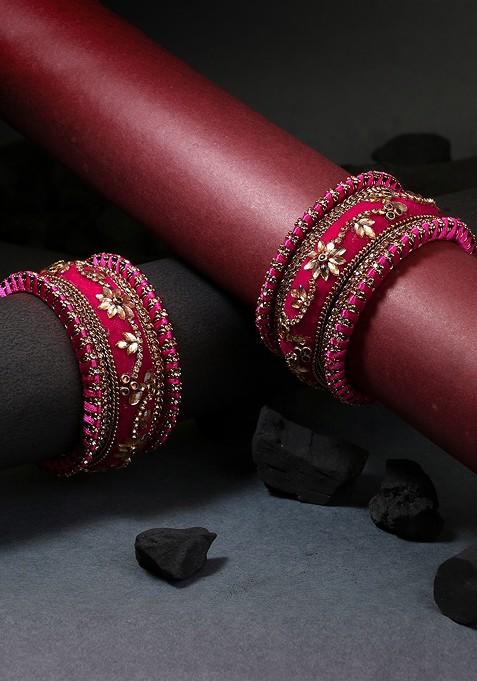 Magenta Thread Work Plastic Chuda Bangle Set