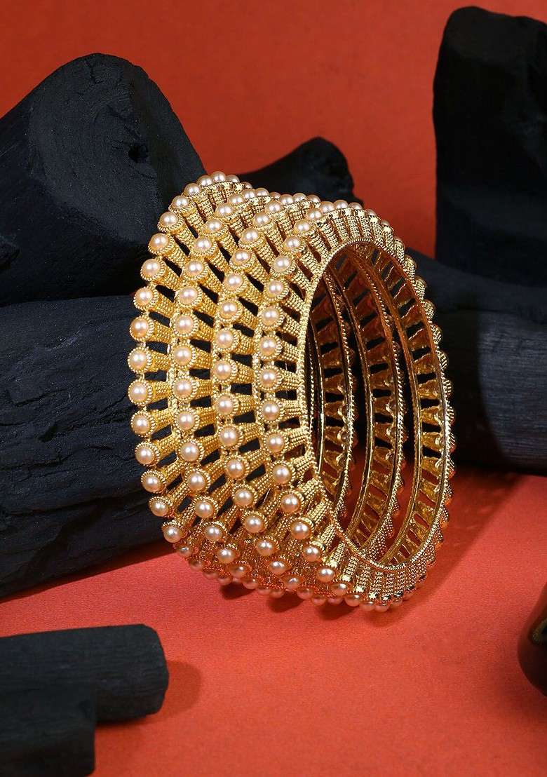 Gold Pearl Beaded Gold Plated Bangle - Indya