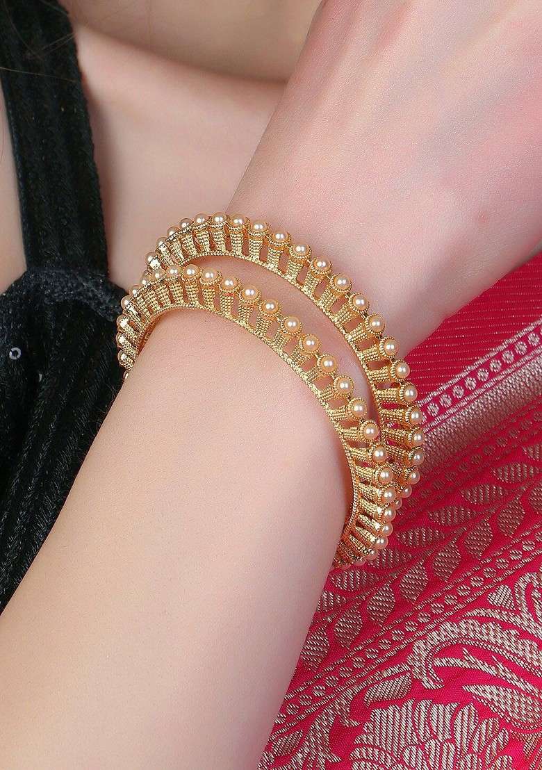 Gold Pearl Beaded Gold Plated Bangle - Indya
