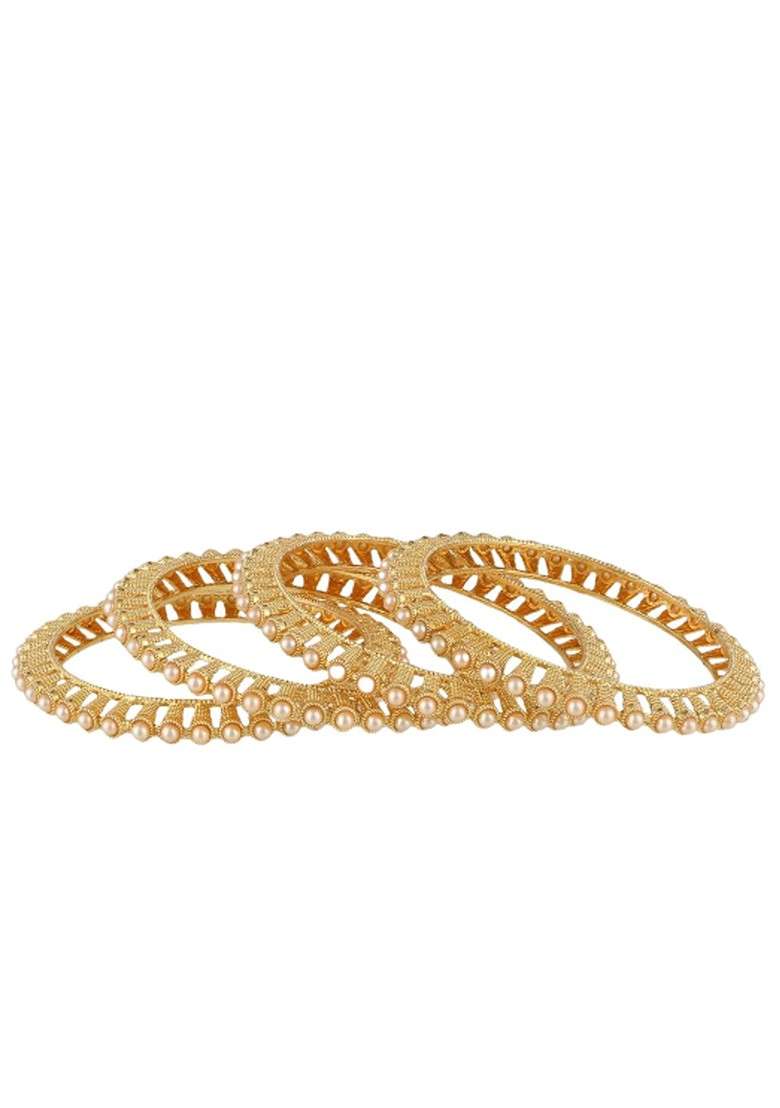 Gold Pearl Beaded Gold Plated Bangle - Indya