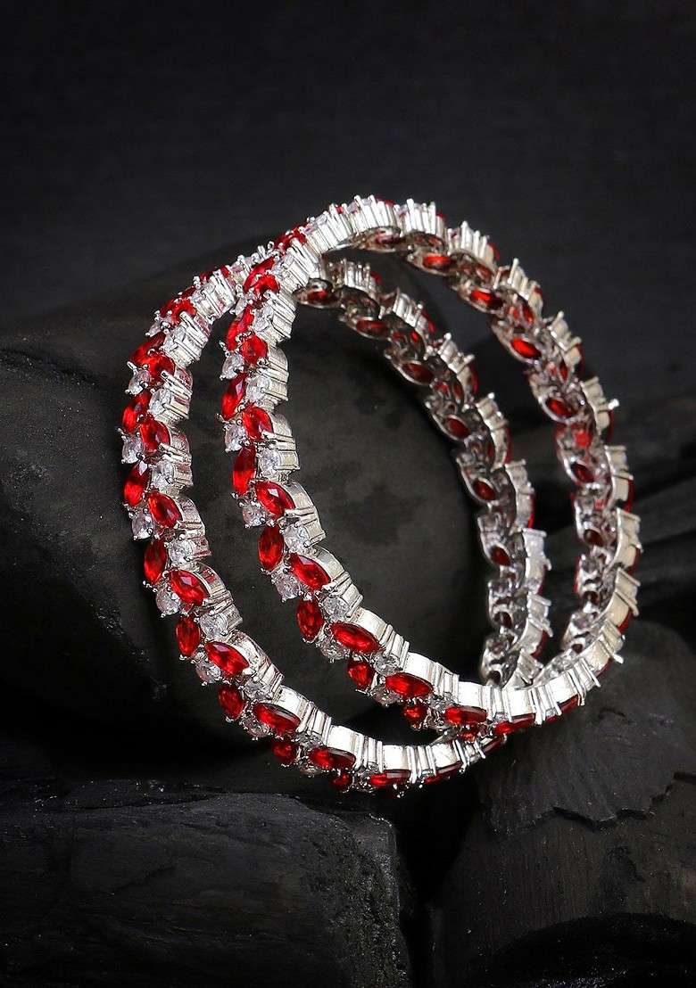 Silver  Stones Studded  Rhodium Plated Bangles (Set Of 2) - Indya