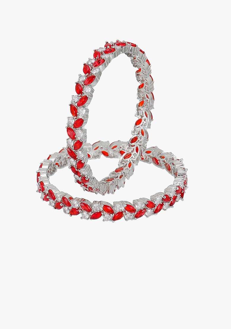 Silver  Stones Studded  Rhodium Plated Bangles (Set Of 2) - Indya