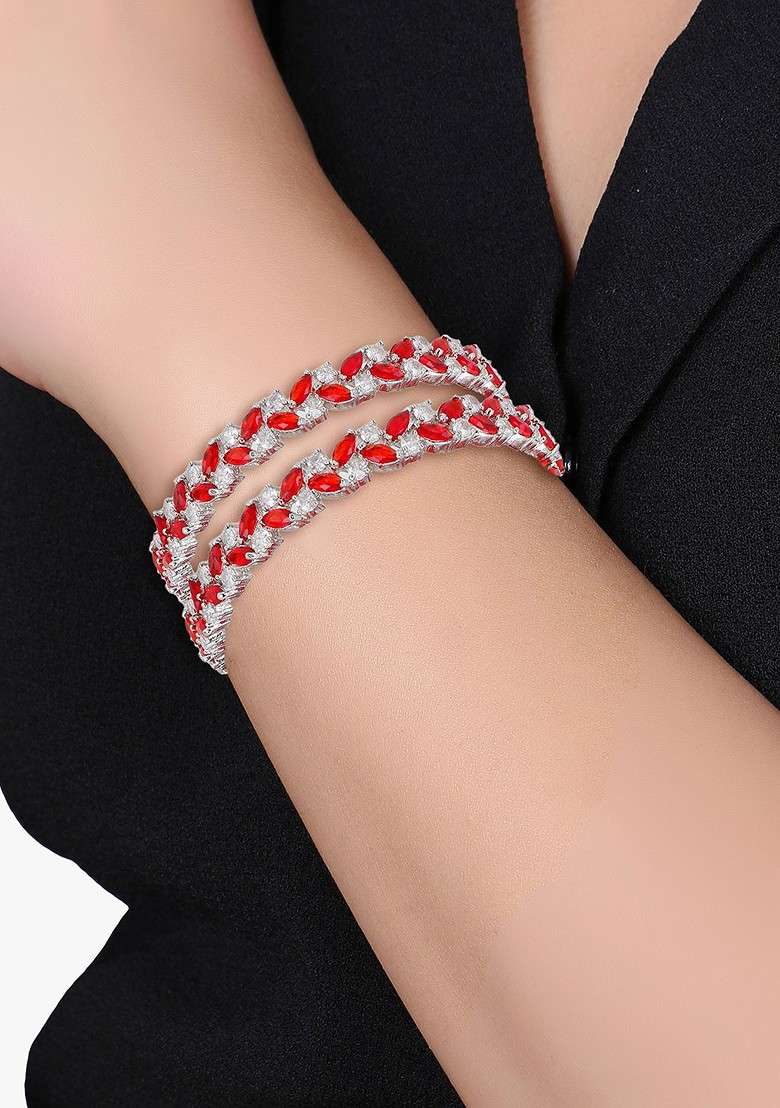 Silver  Stones Studded  Rhodium Plated Bangles (Set Of 2) - Indya